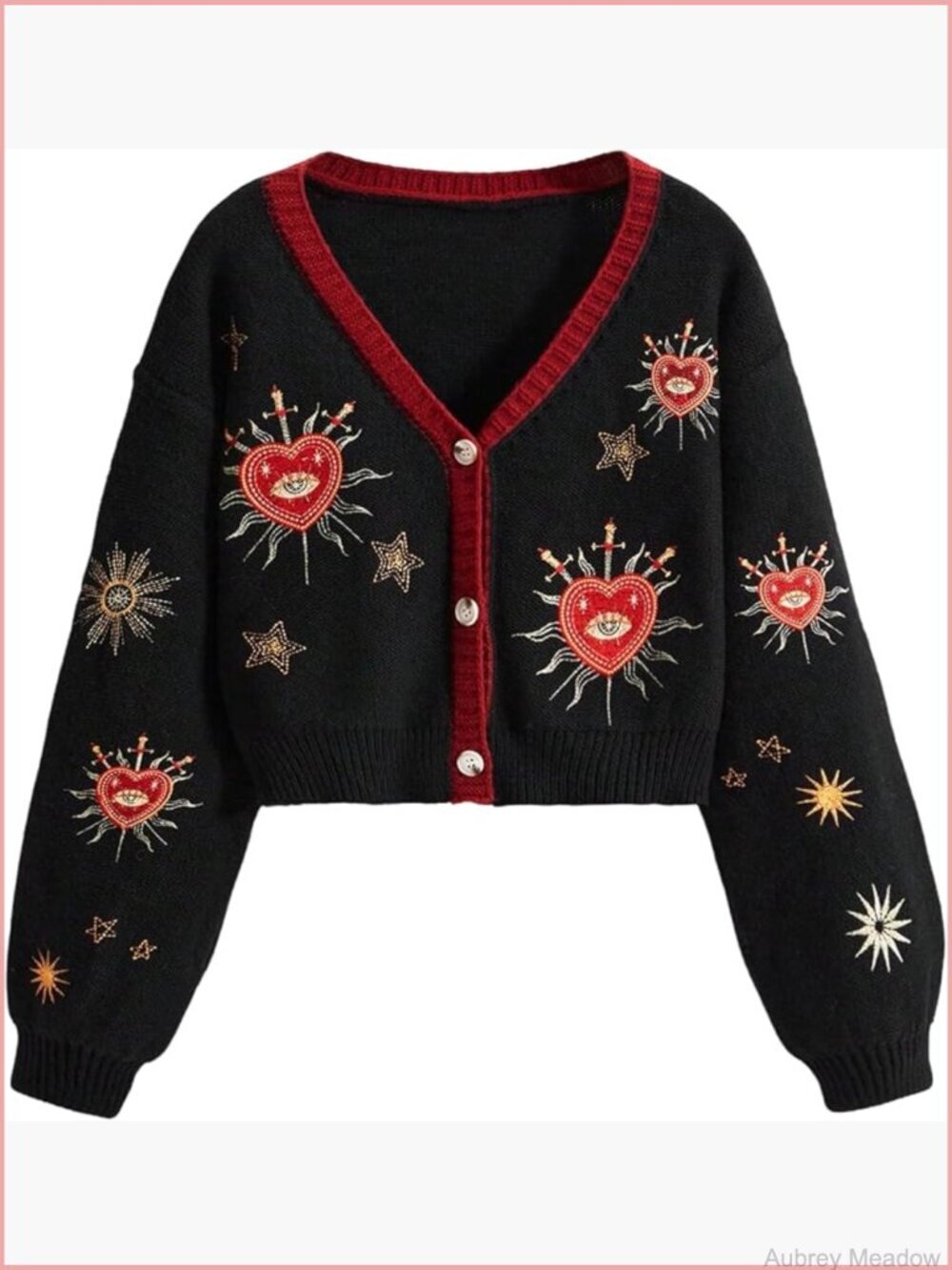 Cropped Embroidered V-Neck Cardigan Sweater Button Down Knit Long Sleeve Top